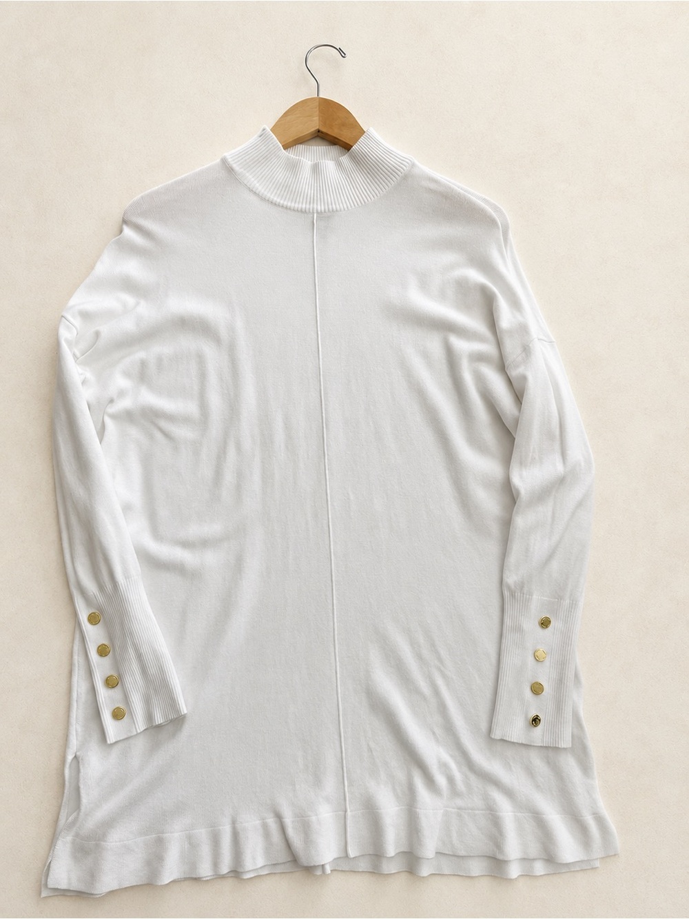 Anne Klein White Mock Neck Long Sleeve Sweater with Gold Buttons